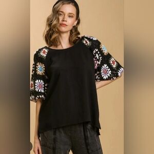 Umgee Granny Square Crochet Sleeves Blouse Size Large